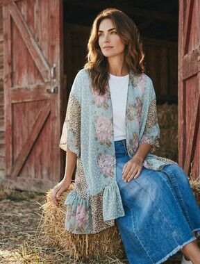Umgee Pastel Blue Floral & Leopard Print Ruffle Kimono
